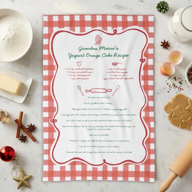 Whimsical Red Gingham Hand Drawn Family Recipe  Kitchen Towel (Creator Uploaded)