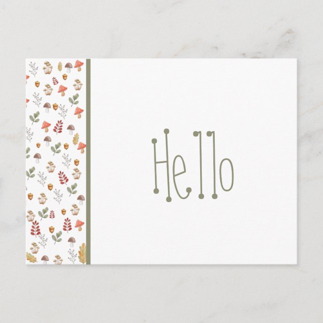 Whimsical Red Green Brown Mushroom and Acorn  Postcard (Front)