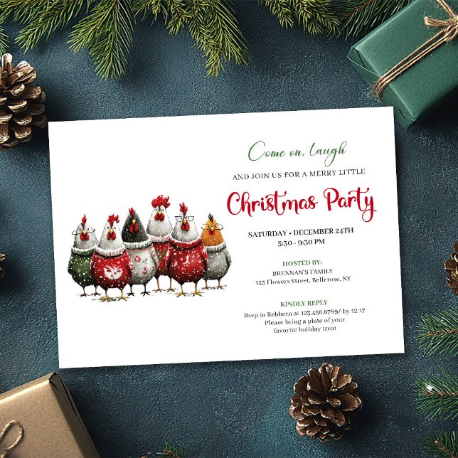 Whimsical Red Green Chickens Christmas Party  Invitation (Whimsical Red Green Chickens Christmas Party Invite)