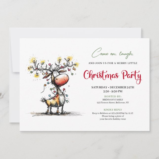Whimsical Red Green Reindeer Christmas Invitation (Front)