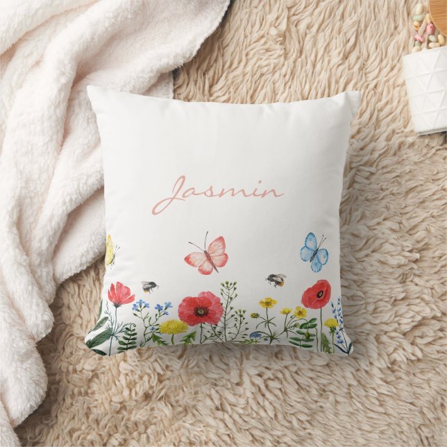 Whimsical Red Green Wildflower Butterflies Name Throw Pillow (Blanket)
