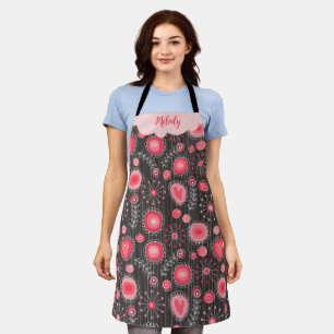 Whimsical red grey hearts and flowers floral name apron