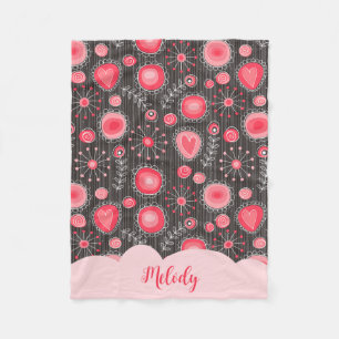 Whimsical red grey hearts and flowers floral name fleece blanket
