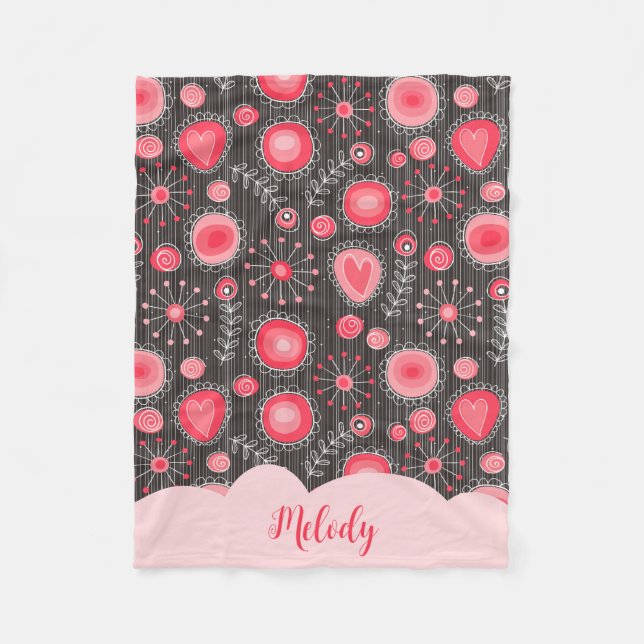 Whimsical red grey hearts and flowers floral name fleece blanket (Front)