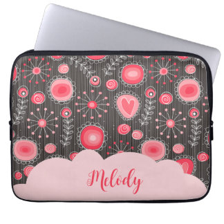 Whimsical red grey hearts and flowers floral name laptop sleeve