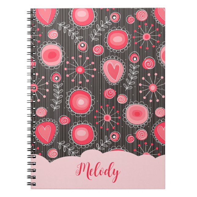Whimsical red grey hearts and flowers floral name notebook (Front)