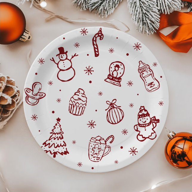 Whimsical Red Hand Drawn Christmas Baby Shower Paper Plates (Creator Uploaded)