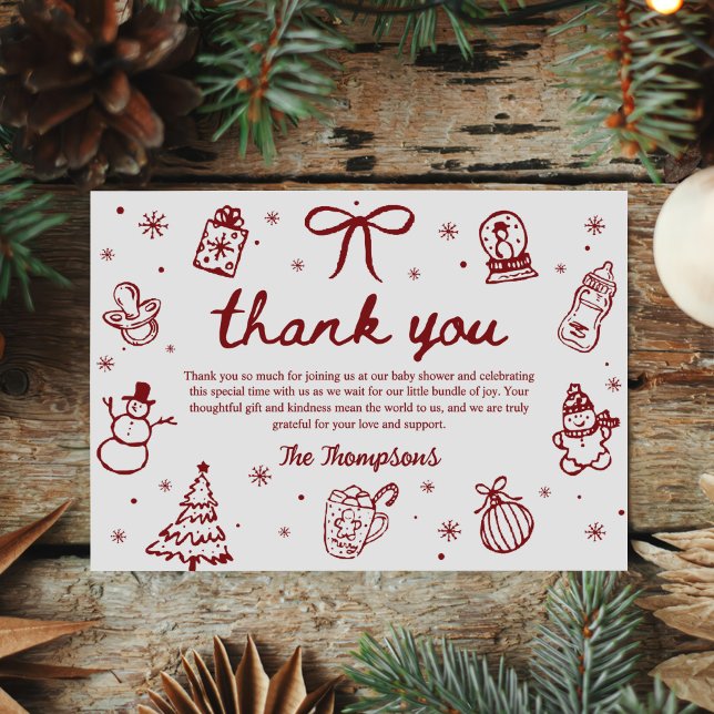 Whimsical Red Hand Drawn Christmas Baby Shower Thank You Card (Creator Uploaded)