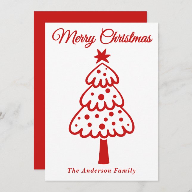 Whimsical Red Hand Drawn Christmas Tree Holiday Card (Front/Back)