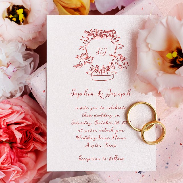 Whimsical Red Hand Drawn Crest Monogram | Wedding Invitation (Creator Uploaded)