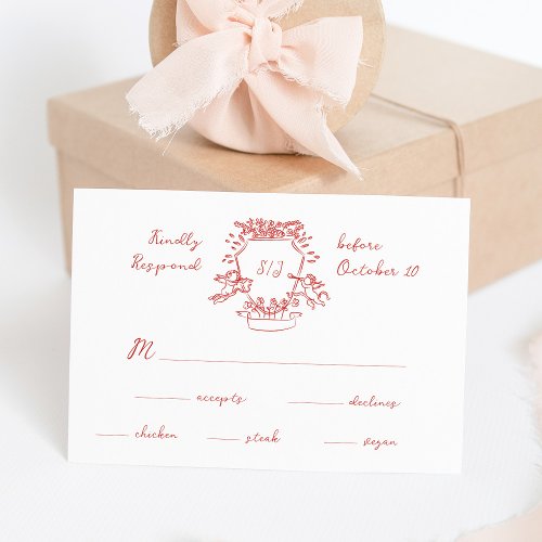 Whimsical Red Hand Drawn Crest Monogram  Wedding RSVP Card