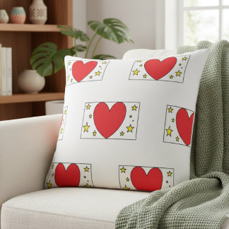 Whimsical Red Heart and Gold Stars Christmas Throw Throw Pillow