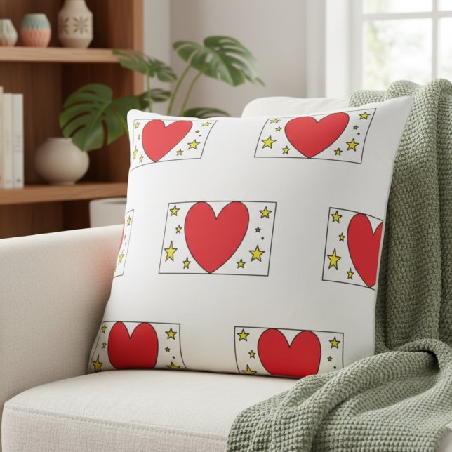 Whimsical Red Heart and Gold Stars Christmas Throw Throw Pillow (Creator Uploaded)
