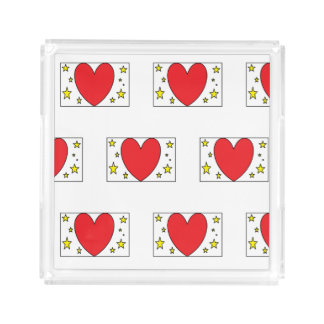 Whimsical Red Heart and Gold Stars Pattern Acrylic Acrylic Tray