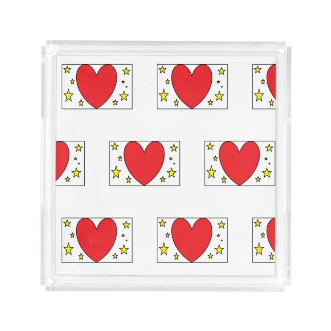 Whimsical Red Heart and Gold Stars Pattern Acrylic Acrylic Tray (Front)