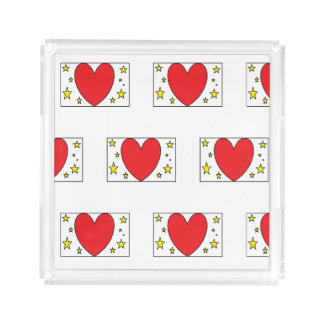 Whimsical Red Heart and Gold Stars Pattern Acrylic Tray