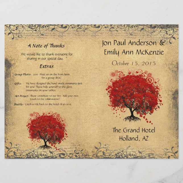 Whimsical Red Heart Leaf Tree Wedding Program (Front)