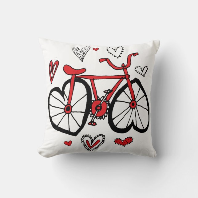 Whimsical Red Heart Valentine Bicycle Throw Pillow (Front)