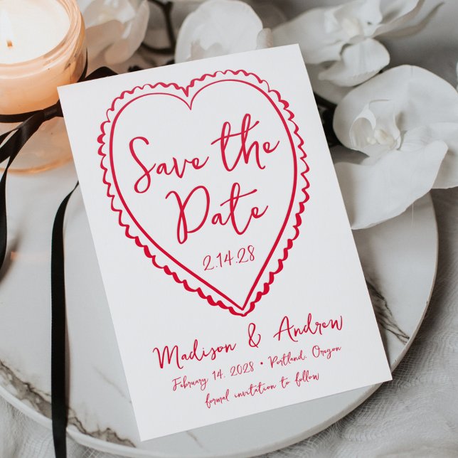 Whimsical Red Heart Wedding Save the Date Letterpress Photo Cards (Creator Uploaded)