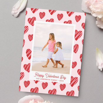 Whimsical Red Hearts Valentine's Day Pink Photo Holiday Card by printcreekstudio at Zazzle