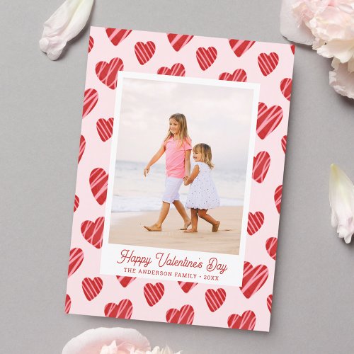 Whimsical Red Hearts Valentines Day Pink Photo Holiday Card