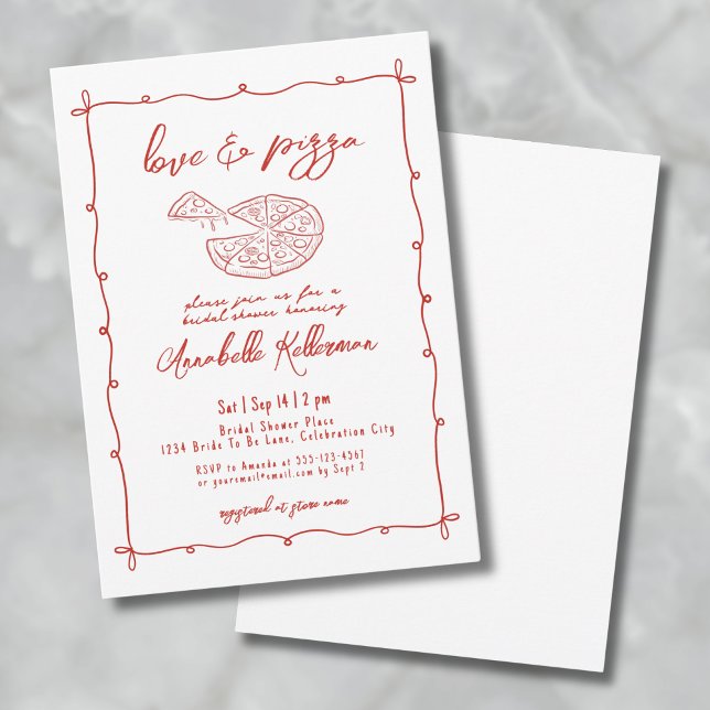 Whimsical Red Love Pizza Hand Drawn Bridal Shower Invitation (Whimsical Red Love Pizza Hand Drawn Bridal Shower Invitation)