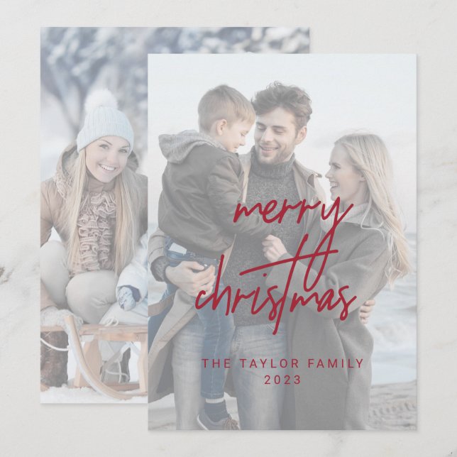 Whimsical Red Merry Christmas 2 Vertical Photos Holiday Card (Front/Back)