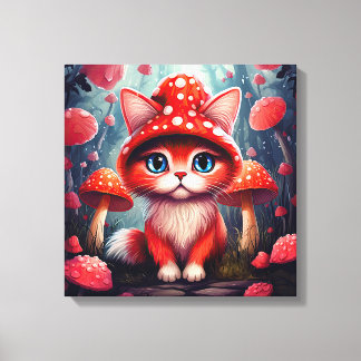 Whimsical Red Mushroom Cat Stretched Canvas Print