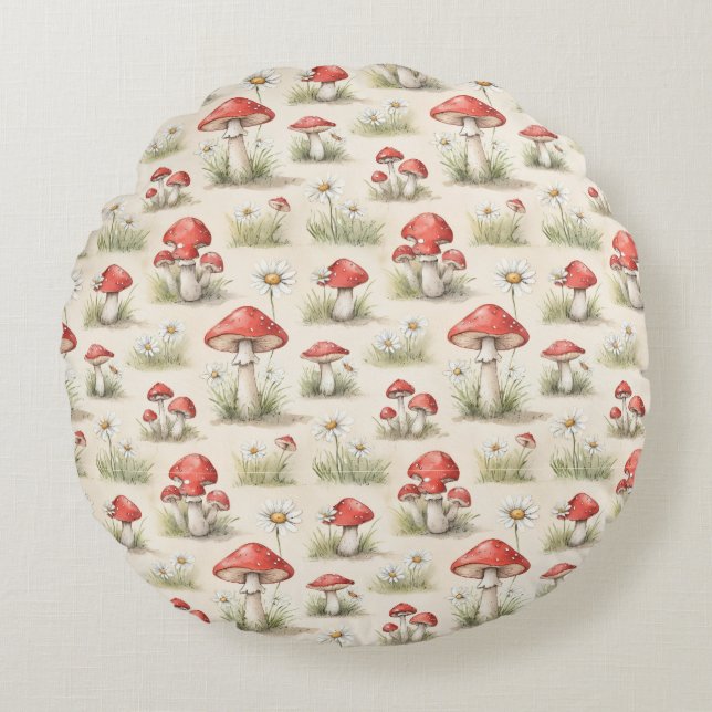 Whimsical Red Mushroom & Grass Watercolor Pattern Round Pillow (Front)