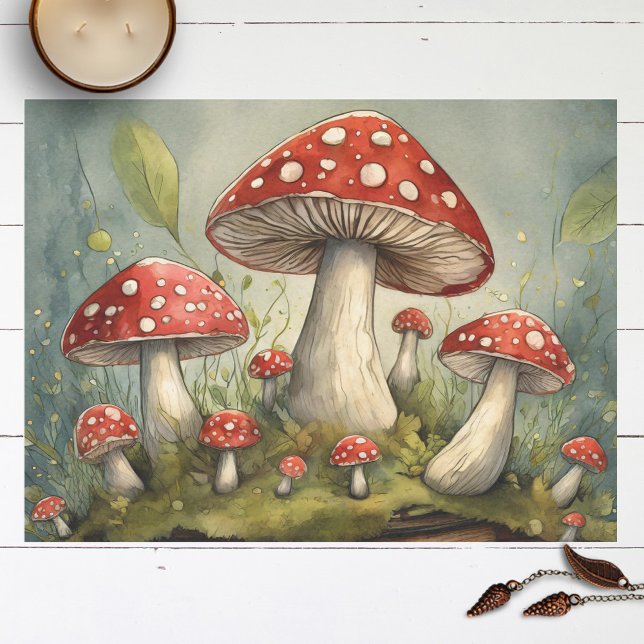 Whimsical Red Mushrooms Illustration Decoupage Tissue Paper (Creator Uploaded)