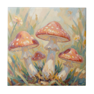 Whimsical Red Mushrooms Meadow Painting Ceramic Tile
