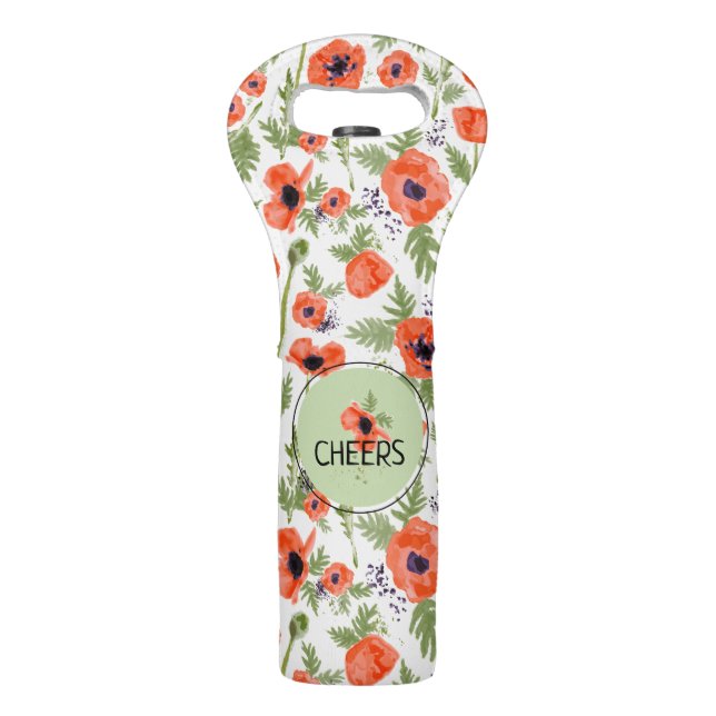 Whimsical Red Orange Poppies Flowers Pattern Wine Bag (Front)