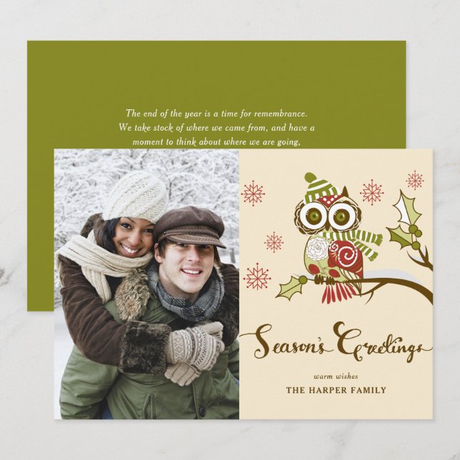 Whimsical Red Owl and Snowflakes Holiday Photo (Front/Back)