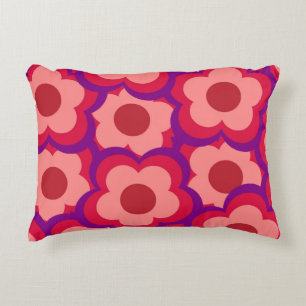Whimsical Red & Pink Floral Retro, Bold Preppy Accent Pillow