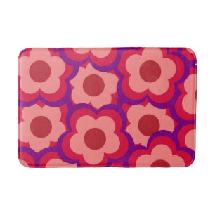 Whimsical Red & Pink Floral Retro, Bold Preppy Bath Mat