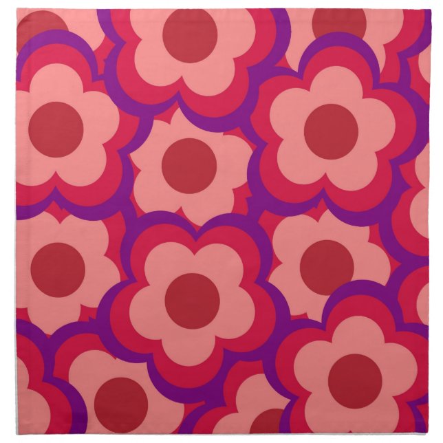 Whimsical Red & Pink Floral Retro, Bold Preppy Cloth Napkin (Front)