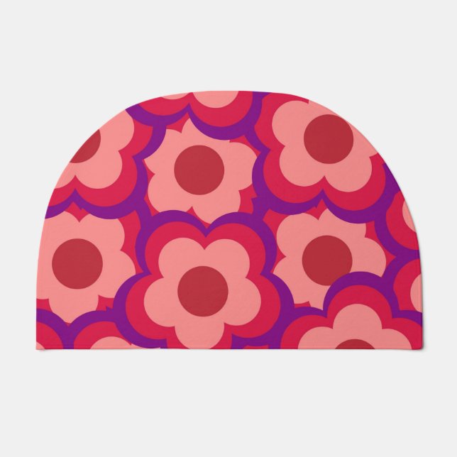 Whimsical Red & Pink Floral Retro, Bold Preppy Doormat (Front)