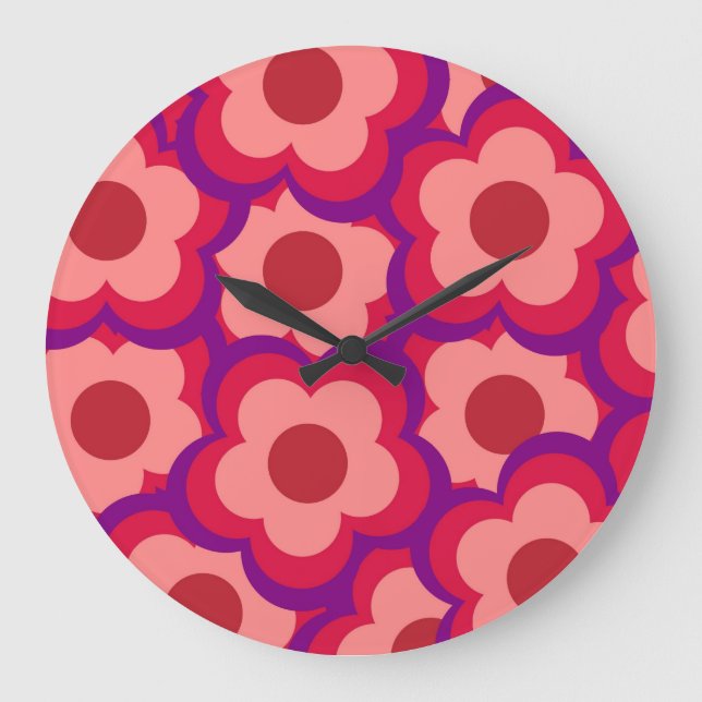 Whimsical Red & Pink Floral Retro, Bold Preppy  Large Clock (Front)
