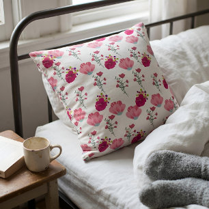 Whimsical Red Pink Hibiscus Floral Cottagecore Throw Pillow