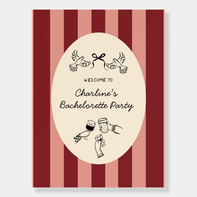Whimsical Red Pink Striped Scribble Bachelorette Foam Board (Front)