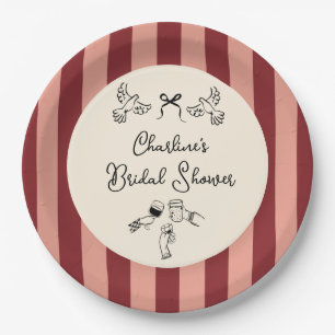 Whimsical Red Pink Striped Scribble Bridal Shower Paper Plates
