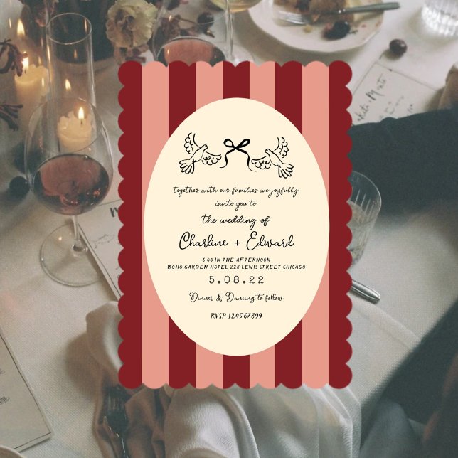 Whimsical Red Pink Striped Scribble  Wedding  Invitation (Creator Uploaded)