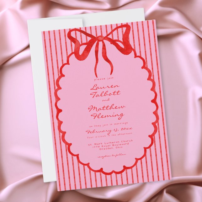 Whimsical Red Pink Watercolor Bow Stripe Wedding Invitation (Whimsical Red Pink Watercolor Bow Stripe Wedding Invitation)