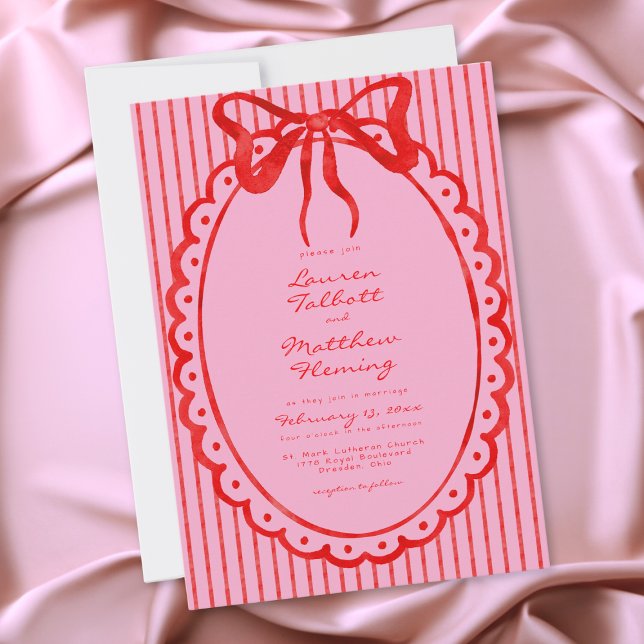 Whimsical Red Pink Watercolor Bow Stripe Wedding Invitation (Whimsical Red Pink Watercolor Bow Stripe Wedding Invitation)