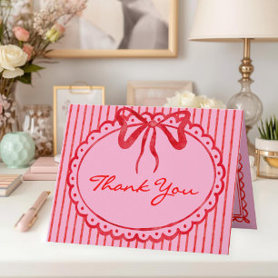 Whimsical Red Pink Watercolor Bow Stripe Wedding Thank You Card