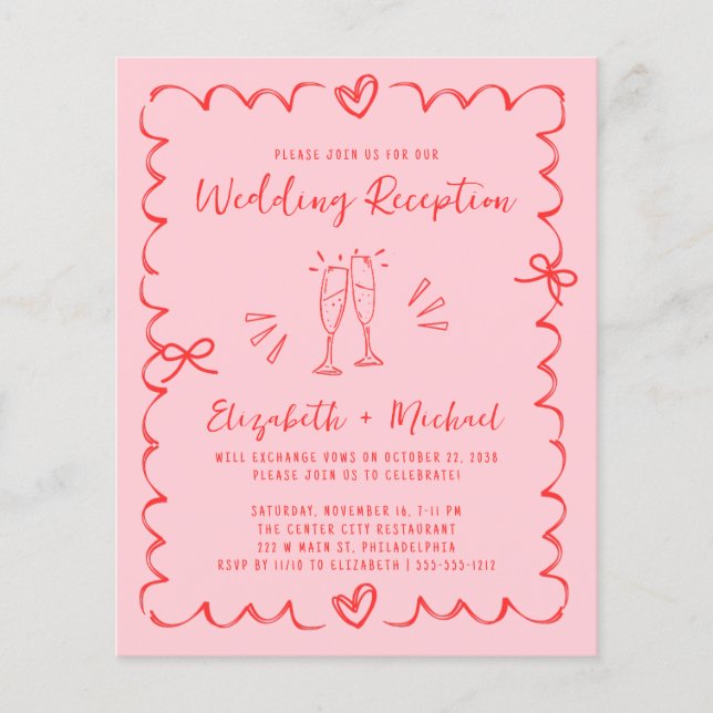 Whimsical Red Pink Wedding Reception Invitation (Front)