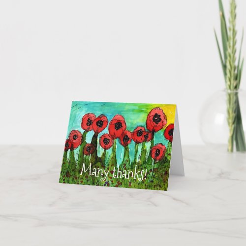 Whimsical Red Poppies Thank You Greeting Card