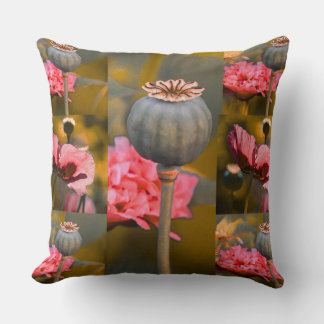 Whimsical Red Poppy Flower and Seed Pods Pattern Throw Pillow