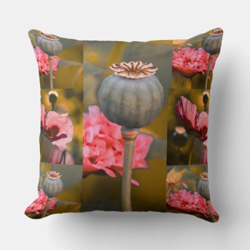 Whimsical Red Poppy Flower and Seed Pods Pattern Throw Pillow