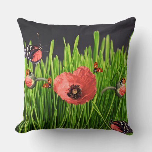 Whimsical Red Poppy Meadow Wildlife Pattern Throw Pillow
